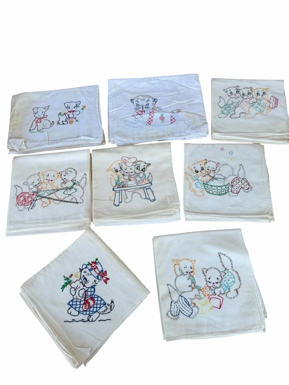 VTG 21-Piece Hand Embroidered Small Tablecloth Lot Kitschy Kittens Birds FLAWS